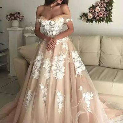 Charming a-line off the shoulder open back champagne tulle long prom dresses with white appliques,formal party gown,wedding dresses - Thumbnail 4
