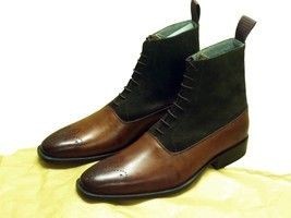 Ankle High Brown Green Brogue Boot, Men's Handmade Leather Suede Lace Up Boots For men's