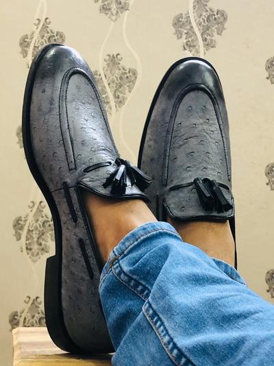 Men's Handmade Gray Black Ostrich Leather Shoes, Slip On Tussles Loafers Moccasin Shoes