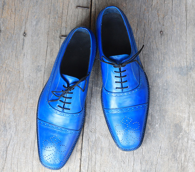 Men's Handmade Blue Color Leather formal shoes, Men's Cap Toe Brogue Lace Up Shoes