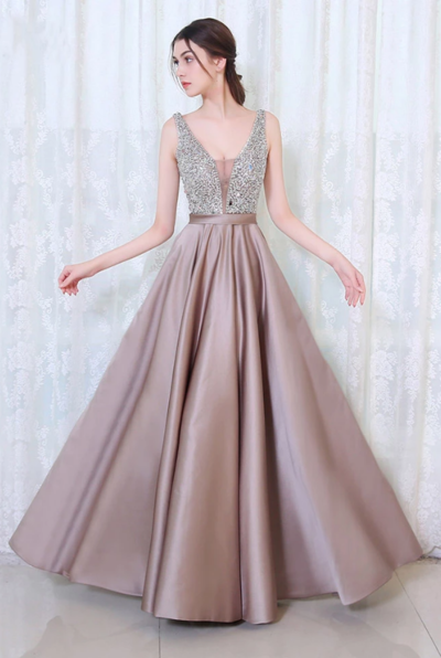 Sexy V Neck Long Satin Prom Dresses with Sequins