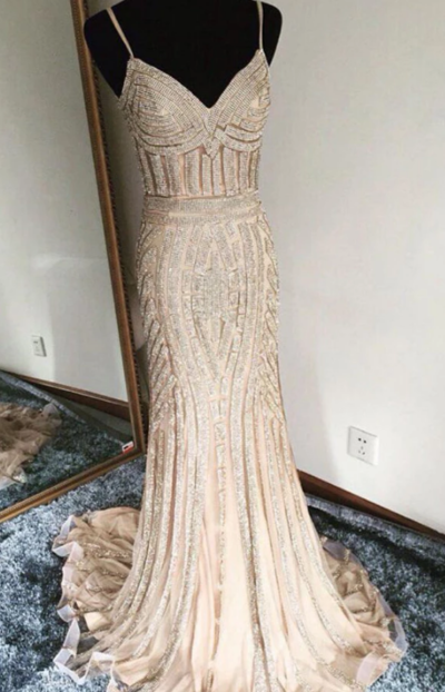Sexy Trumpet Sweep Train Spaghetti Long Beading Prom Dress,Evening Dress