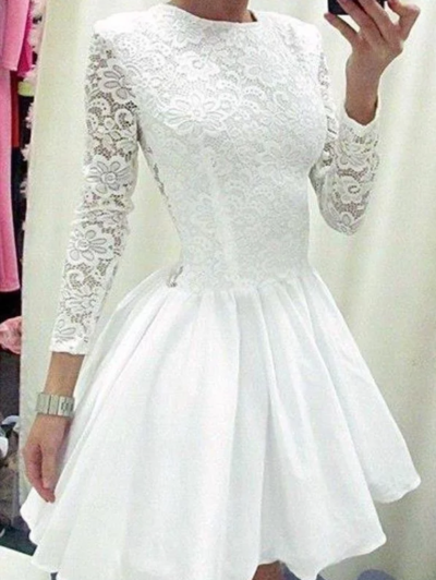 Cute Long Sleeves Scoop Lace Short Prom Dresses,Homecoming Dress