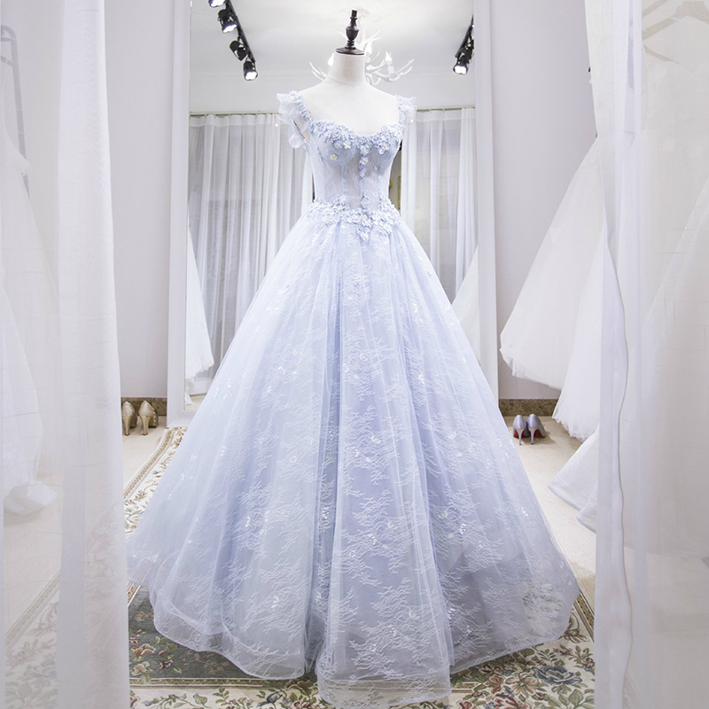 Blue Tulle Lace Long Prom Dress Evening Dress