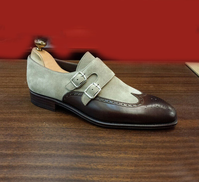 Handmade Brown Gray Double Monk shoes, Dress shoes