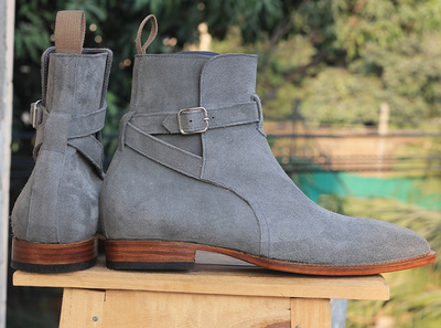 Ankle High Gray Color Jodhpurs Boot, Men's Handmade Suede Buckle Boots