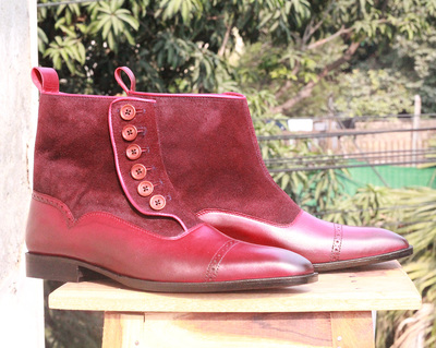 Men's Handmade Ankle High Burgundy Cap Toe Boot,Leather Suede Button Top Boots For men's