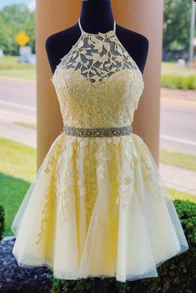 Cute A-line Tulle Halter Appliqued Homecoming Dress With Beading , Short Prom Dress