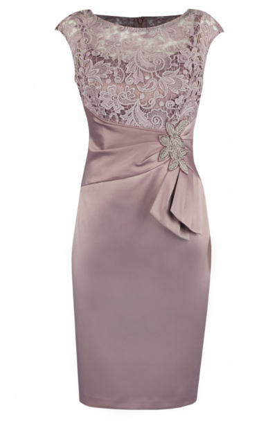 Bateau Satin Short Lace Mother of The Bride Dress with Beading