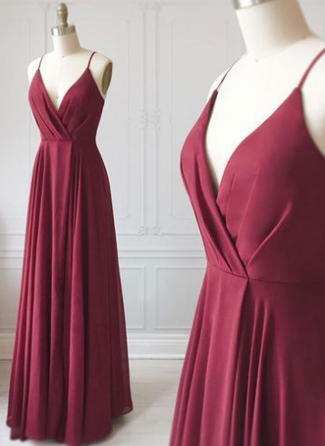 A Line V Neck Burgundy Chiffon Prom Dress, Long Bridesmaid Dress