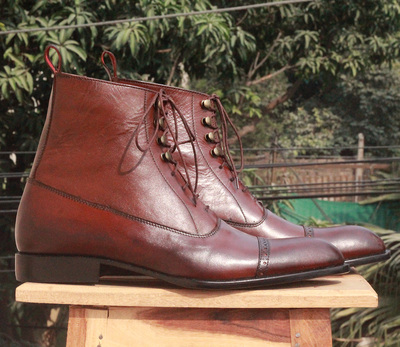 Handmade Men's Brown Ankle High Boot, Men's Leather Cap Toe Lace Up Boot