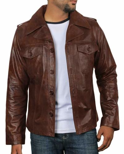 Leather Coat Shirt Jacket For Men Distressed Waxed Genuine Lambskin Vintage Look