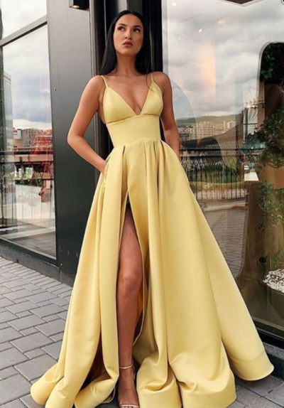 Sexy A Line Spaghetti Straps Long Prom Dresses with Split Front