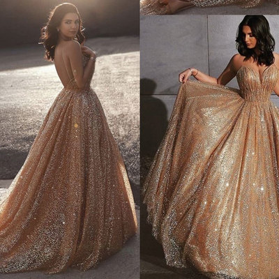 Spaghetti straps sequins champagne long prom dresses  evening gowns - Thumbnail 3
