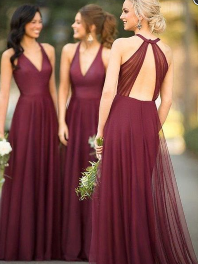 Beautiful Open Back Sleeveless A Line Tulle Bridesmaid Dress