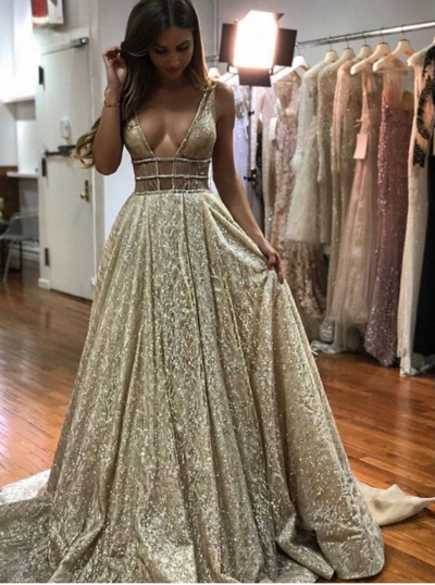 A-Line V-Neck long Backless Champagne Prom Dress with Sequins,264
