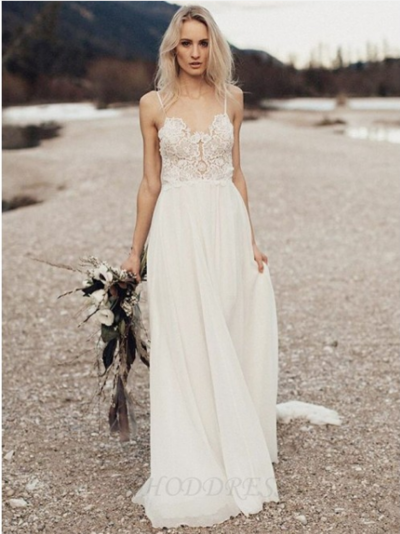 A-Line Spaghetti Straps Long Chiffon Wedding Dress with Lace,267