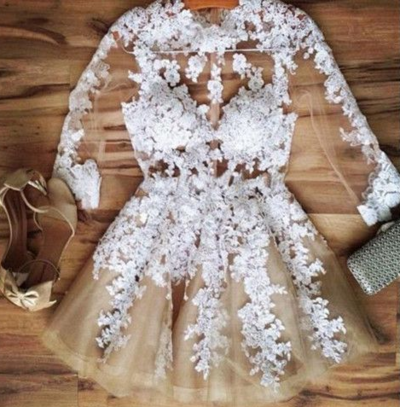 Sexy Long Sleeves Sheer Short Prom Dress With Lace