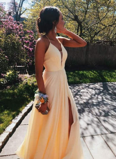 Simple Sheer Neck Chiffon Yellow Prom/Evening Dress with Slit