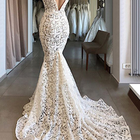 Charming Mermaid V Neck Open Back Ivory Lace Wedding Dresses with Train,Vintage Bridal Wedding Gown - Thumbnail 2