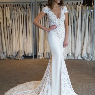 Fairy mermaid v neck cap sleeve backless white lace wedding dresses with train,satin wedding gown - Thumbnail 4