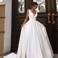 Elegant A-Line V Neck Open Back White Satin Wedding Dresses with Train,Simple Wedding Gown - Thumbnail 1