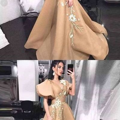 Princess a-line v neck bell sleeve gold satin long prom dresses with appliques,evening party dresses - Thumbnail 4