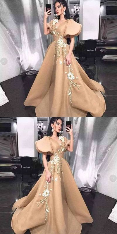 Princess A-Line V Neck Bell Sleeve Gold Satin Long Prom Dresses with Appliques,Evening Party Dresses