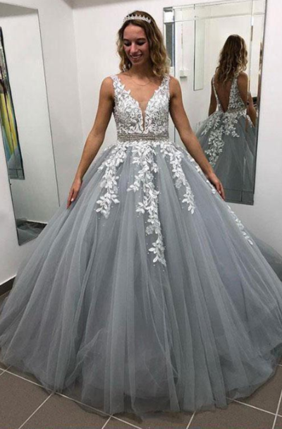 A Line V Neck Long Gray Prom Dress with Beading
