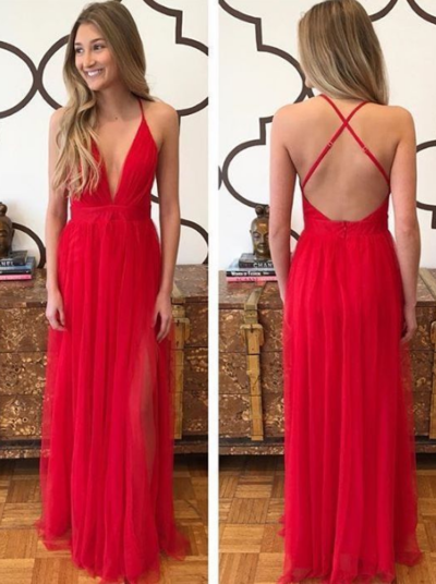 Sexy Backless Red Tulle Prom Dresses ,Long Evening Dresses