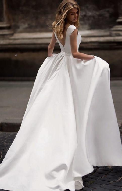 Beauty Mermaid A-line Long Satin Wedding Dresses with Pockets