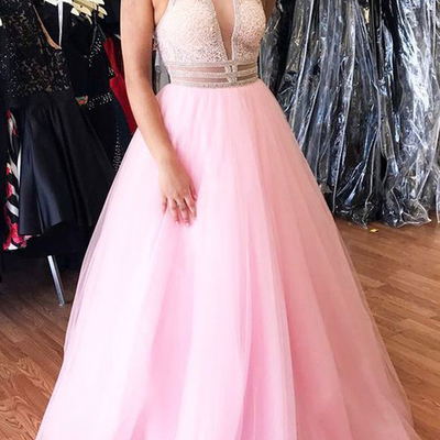 Stylish a-line v neck open back pink tulle long prom dresses with beading,evening party dresses - Thumbnail 5
