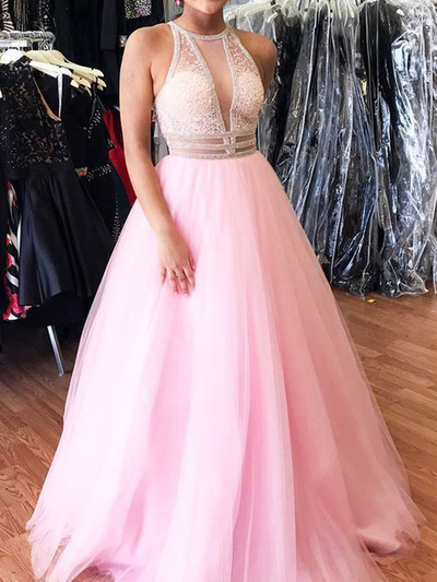 Stylish A-Line V Neck Open Back Pink Tulle Long Prom Dresses with Beading,Evening Party Dresses
