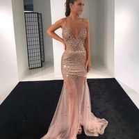 Sparkly Mermaid V Neck Spaghetti Straps Open Back Blush Tulle Long Prom Dresses with Beading,Formal party Dresses - Thumbnail 1
