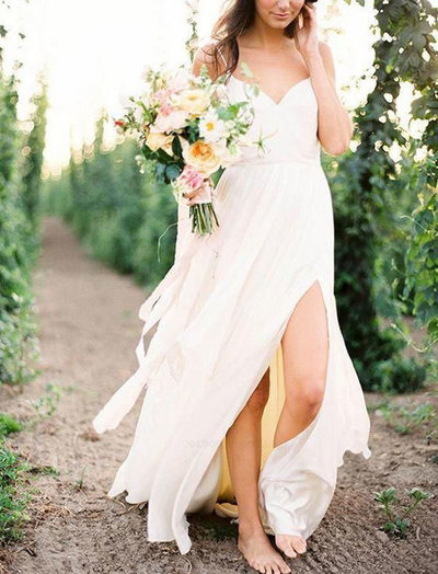 Beach Spaghetti Straps Wedding Dresses with Split Side