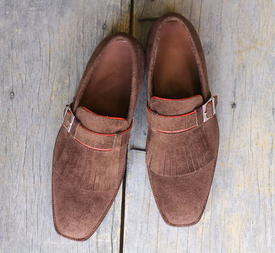 Handmade Brown Suede shoes, Men's Fringe Monk Loafers Shoes