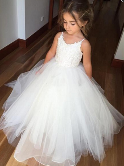 Spaghetti Straps Ivory Ball Gown Tulle Flower Girl Dress