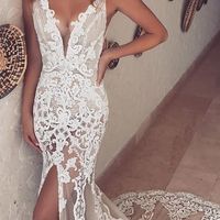 Unique Mermaid V Neck Open Back White Lace Wedding Dresses with Train - Thumbnail 1