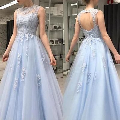 Charming a-line round neck blue tulle long prom dresses with appliques,formal party gown - Thumbnail 3