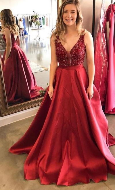 Stunning A-Line V Neck Open Back Dark Red Satin Long Prom Dresses with Beading,Evening Party Dresses