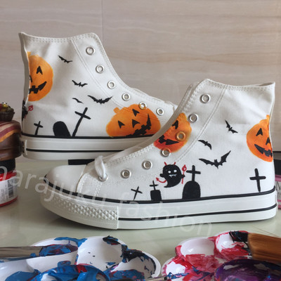 Harajuku New Halloween Pumpkin Devil Bat Hand Painted Shoes