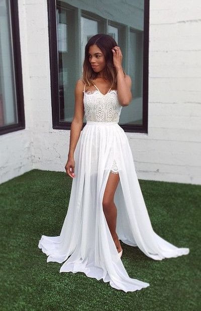 Charming A-Line V Neck Open Back White Chiffon Wedding Dresses with Lace,Beach Wedding Gown