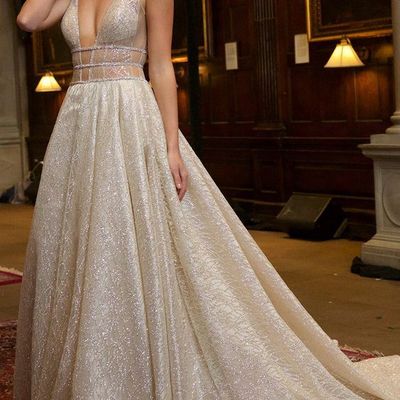Sparkly ball gown v neck open back champagne sequins satin wedding dresses,prom dresses 2020 - Thumbnail 4