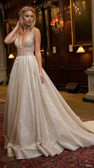 Sparkly Ball Gown V Neck Open Back Champagne Sequins Satin Wedding Dresses,Prom Dresses 2020