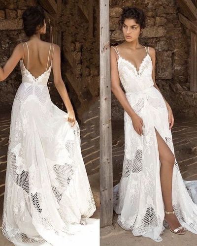 Fairy A-Line V Neck Spaghetti Straps White Lace Beach Wedding Dresses