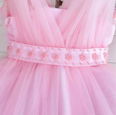 V Neck Tulle Pink Flower Girl Dresses with Handmade Flowers