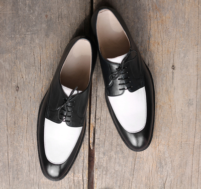 Handmade White & Black Round Toe Leather Lace Up Shoes For Men's