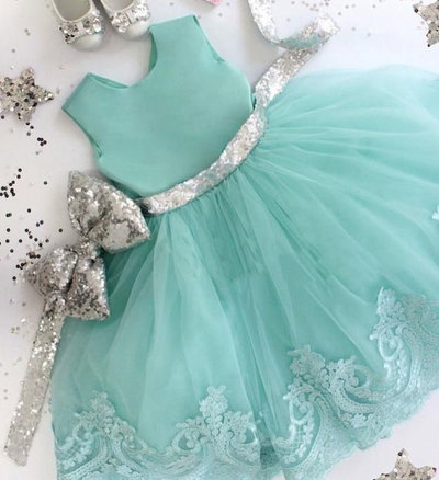 Sage Flower Girl Dresses with Silver Sequins Bowknot