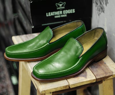 New Handmade Green Leather Loafers Shoes For Men's