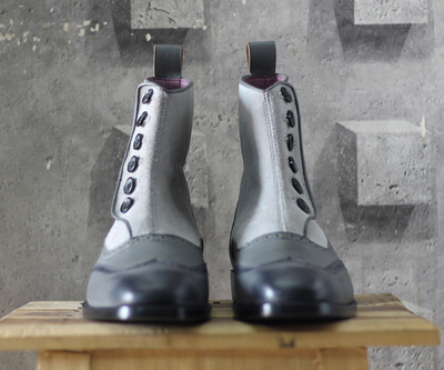 Men's Handmade Gray Ankle Boots,Button Top Wing Tip Leather & Suede Boots